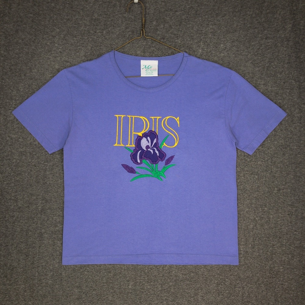 Vintage MC Energy T-Shirt Women's Petite M Purple Embroidered Iris Grandmacore